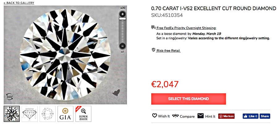 rund, Brillantschliff 070ct, Farbe I, VS2, 3 x Excellent Rund, Brillantschliff 070ct, Farbe I, VS2, 3 x Excellent