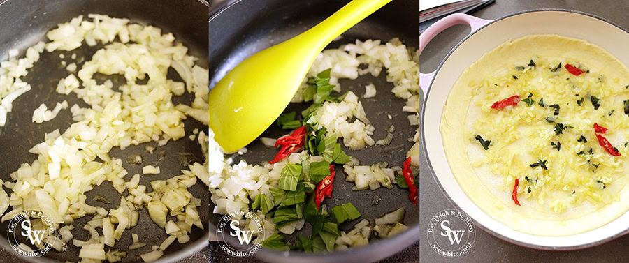 In a saucepan gently soften the onion before adding the garlic, chilli and basil. Once cool add to the puff pastry base.
