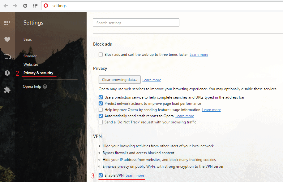 Opera VPN settings