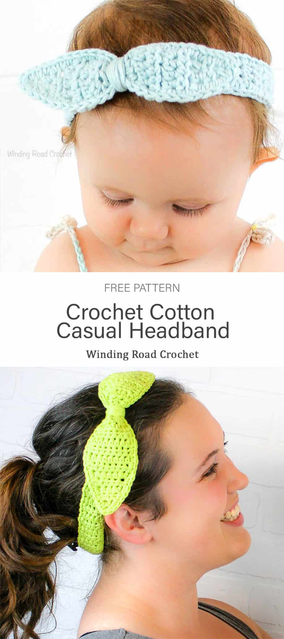 Crochet this quick and easy summer headband. Free crochet pattern by Winding Road Crochet. sizes for babies, kids and women. #crochetforwomen #crochetforbabies #crochetforkids #crochetheadband #freecrochetpattern #cotton #free #freepattern #pattern