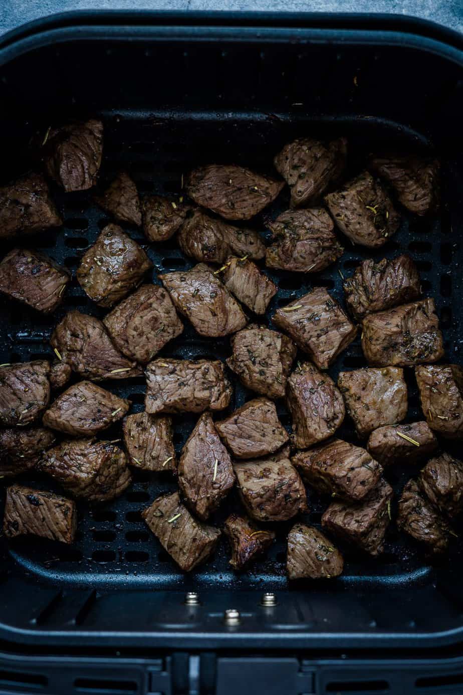 During the process of air fryer the steak bites.