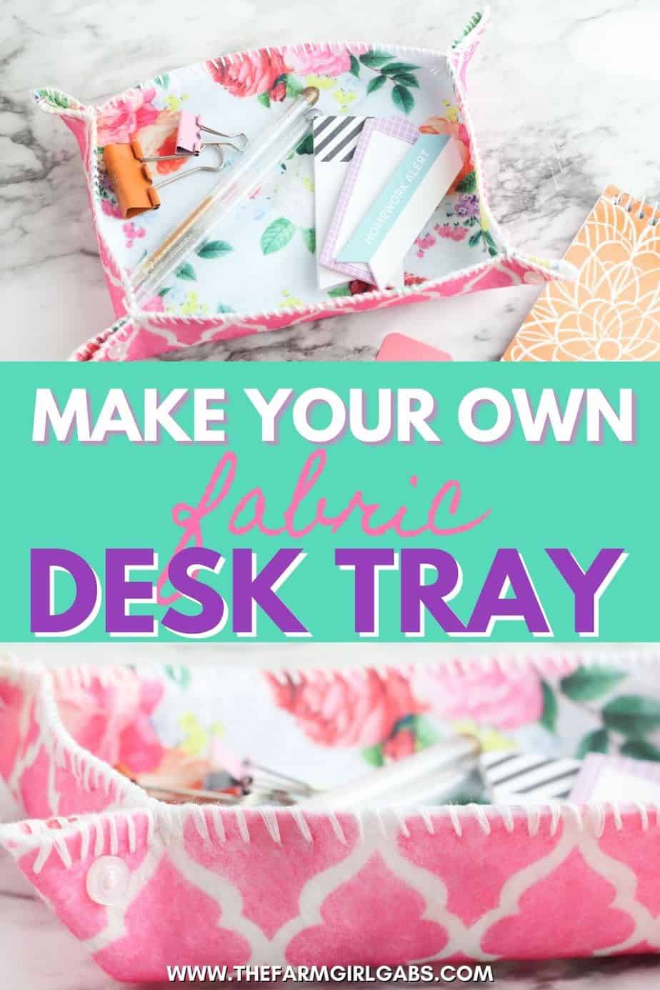 This simple DIY fabric tray is a fun sewing project you can make in just a few minutes. This easy craft project is perfect to display on your desk and use for home organization.