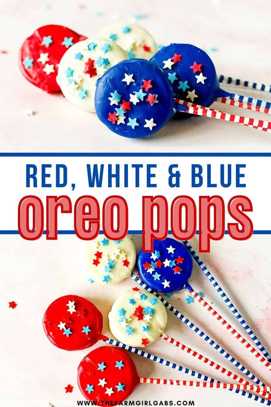 Patriotic Oreo Pops are a fun red, white and blue snack recipe to celebration the 4th of July or Memorial Day. Show you patriotic spirit and whip of a batch of these quick and easy cookie snacks.