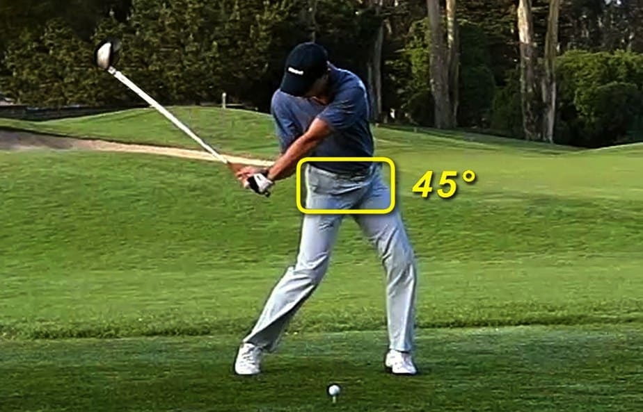 A golfer is hitting ball with body rotation