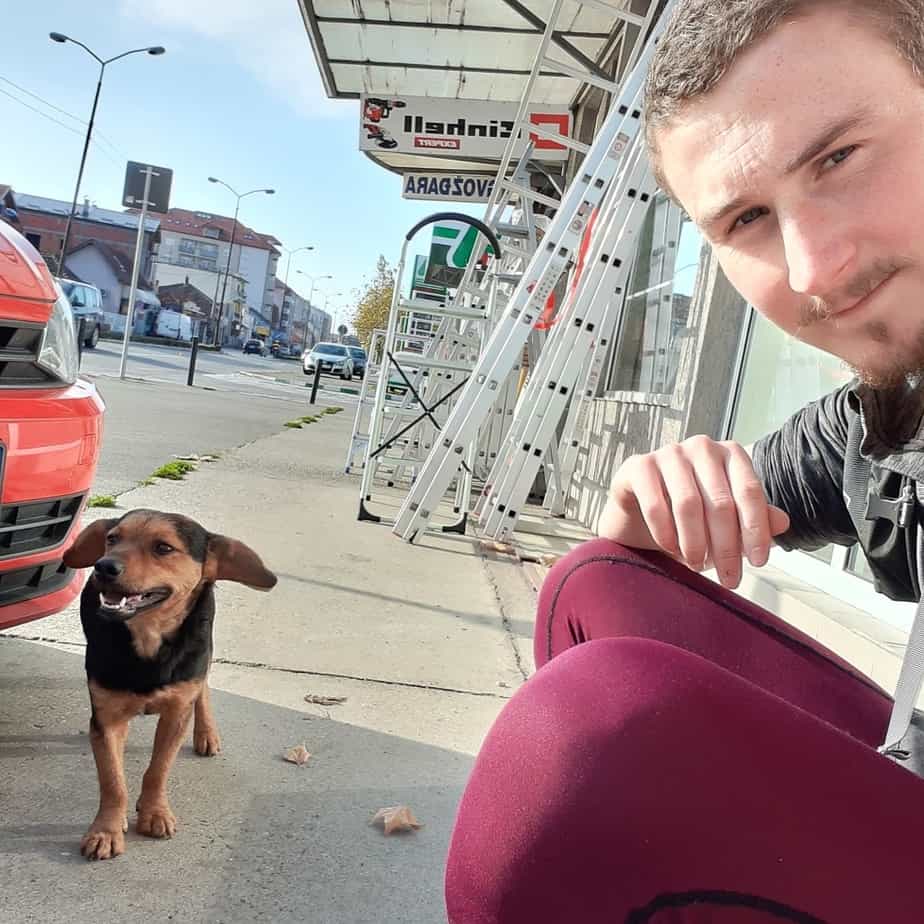 Dan Atkinson in Serbia with his "new friend", who followed him for 10 miles