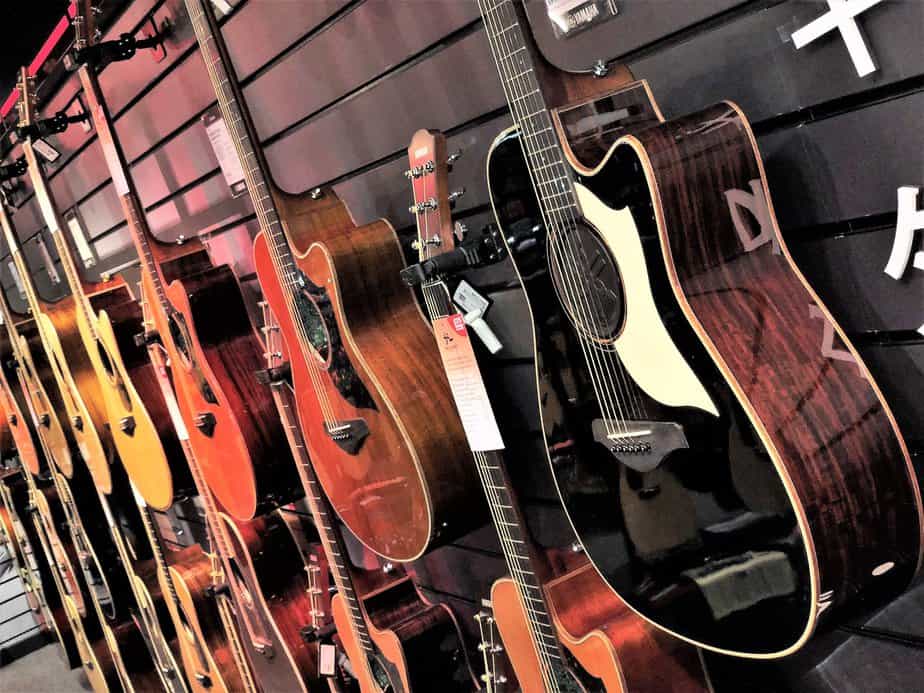 Beautiful array of acoustic guitars at Yamaha Music London store in Soho