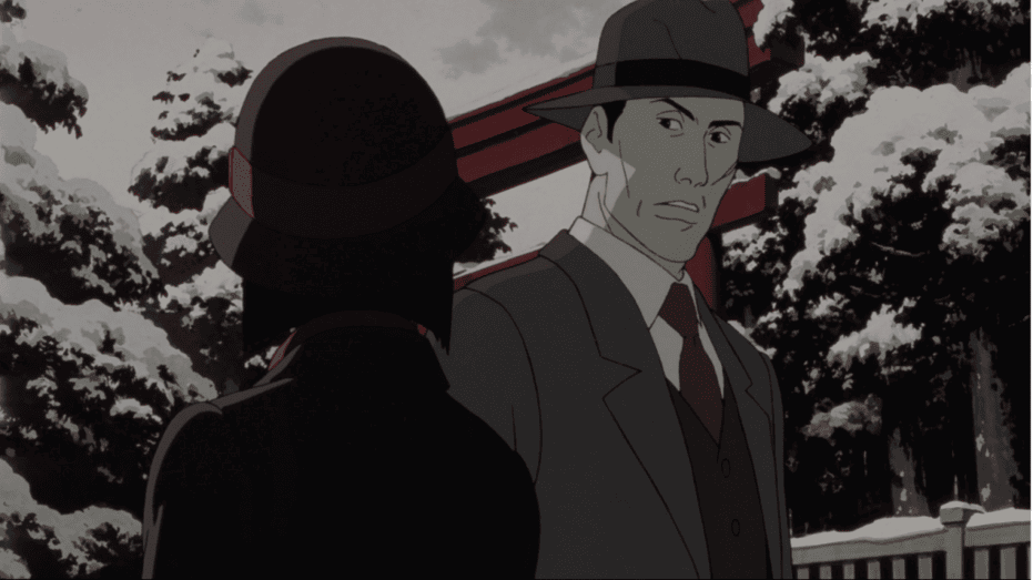 Chiyoko y un policía, colores de Millennium Actress, película de Satoshi Kon.