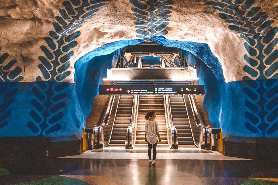 A Fantastic Stockholm Itinerary 2 Days In The Swedish Capital 15 L Jasmine stands under the blue leaf arch on the blue metro line at Central Station - Stockholm, Sweden