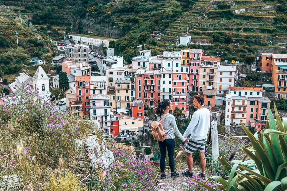 How To Spend 3 Days In Cinque Terre 7 L Jasmine and Bevan admiring the view of Manarola on a Cinque Terre hike, Italy