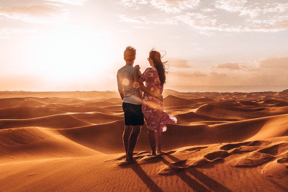 Travel Photography What Is In Our Camera Bag 3 L The Travel Quandary Camera Kit Bag | a couple watching sunrise over the dunes of the Sahara Desert, Morocco