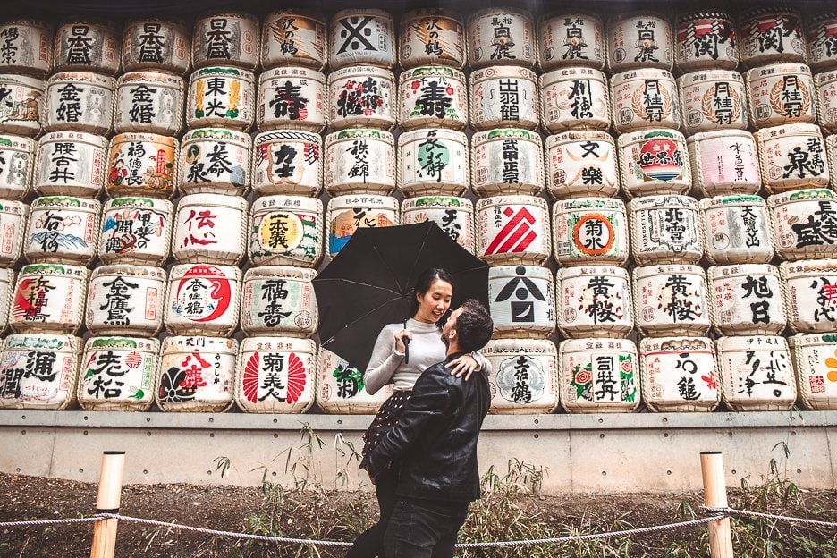 16 Useful Things To Know Before Travelling To Japan 3 L A couple in front of the sake barrels at Meiji Shrine, Tokyo