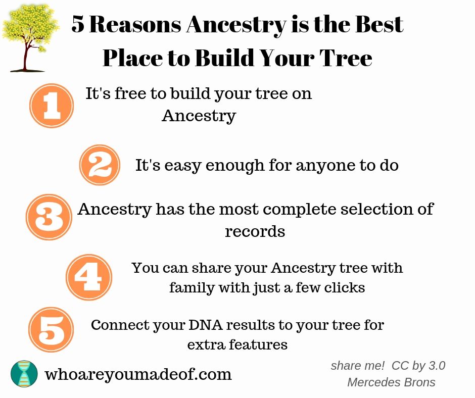 Five reasons Ancestry is the best place to build your tree: 1 It's free to build your tree on Ancestry 2 It's easy enough for anyone to do 3 Ancestry has the most complete selection of records 4 You can share your Ancestry tree with just a few clicks 5 Connect your DNA results to your tree for extrafeatures
