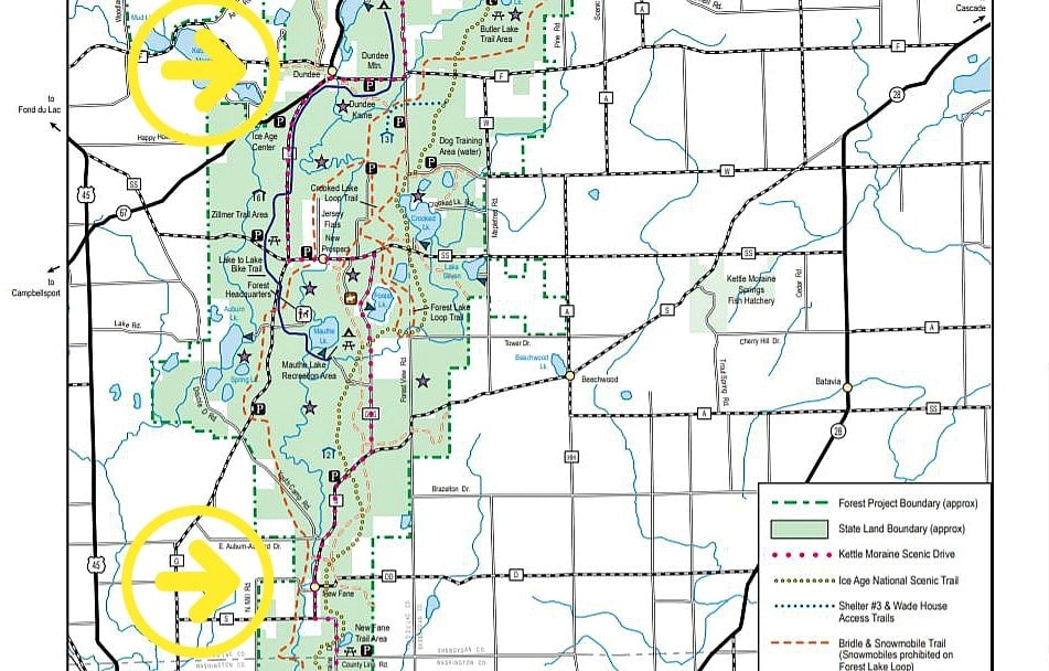 Map of Kettle Moraine State Forest with arrows indicating the start and stop points of today's walking pilgrimage