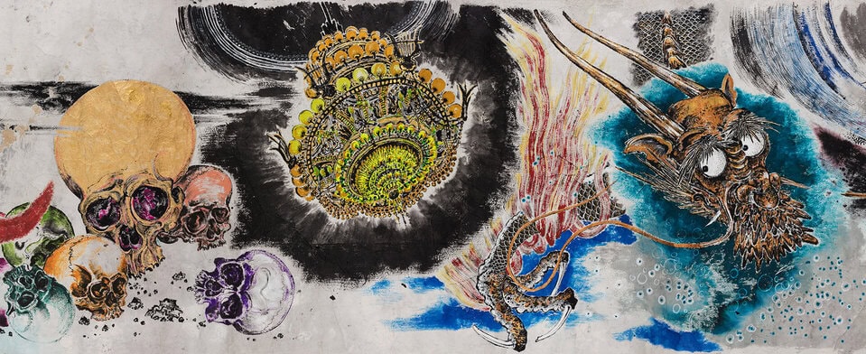 Sun Xun, Mythology or Rebellious Bone, 2020 (detail), ink, gold leaf, natural colour pigment on paper, Courtesy of the Artist and ShanghART Gallery