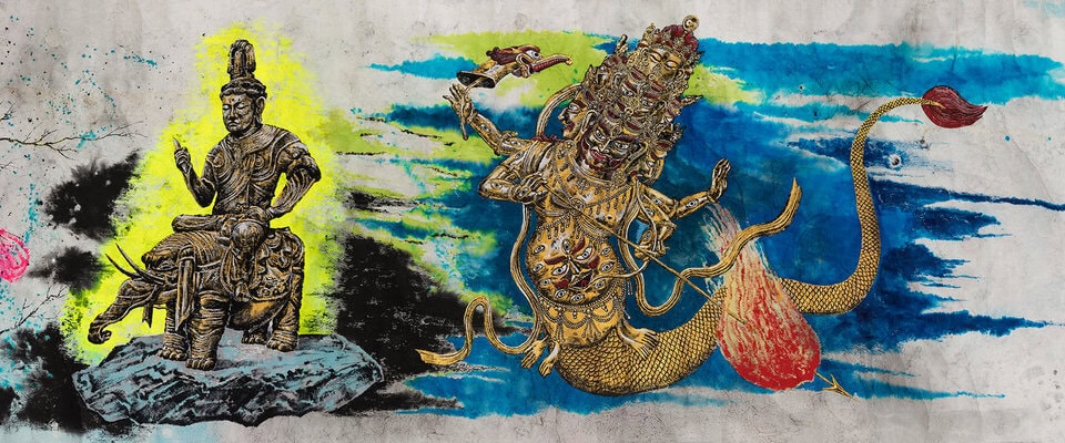 Sun Xun, Mythology or Rebellious Bone, 2020 (detail), ink, gold leaf, natural colour pigment on paper, Courtesy of the Artist and ShanghART Gallery