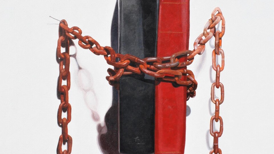 The Same Chains. 91 x 76 cm. Acrylic on canvas 2020. Artist: David Garneau.