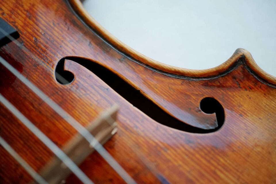 Right f hole of Guarneri model violin made in 2019