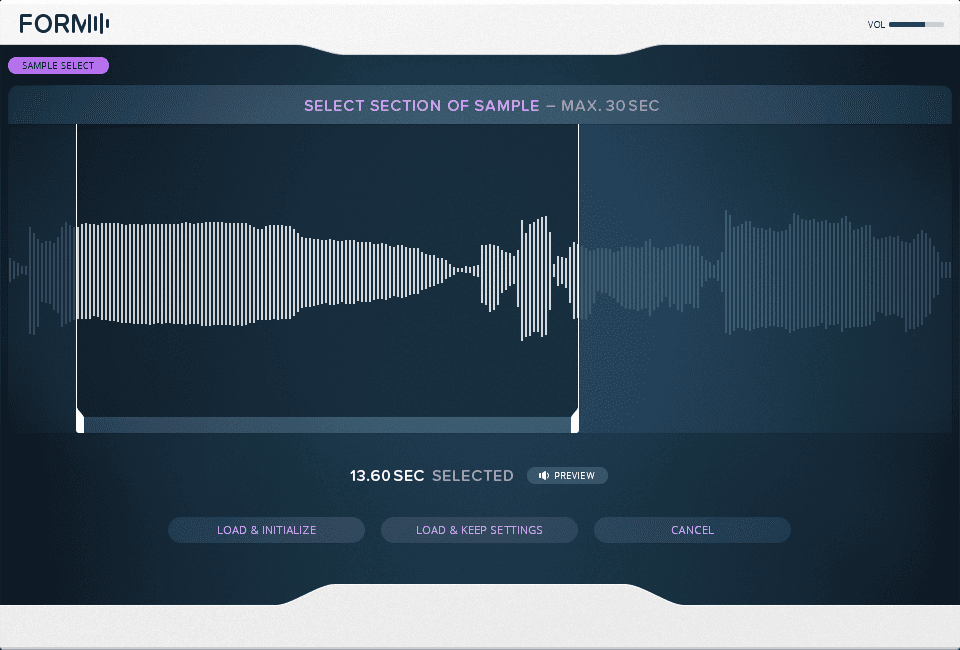 Drag and drop your own samples to create new sounds, with waveform selection tools at the ready. Monophonic pitched sounds work especially well with this technique.
