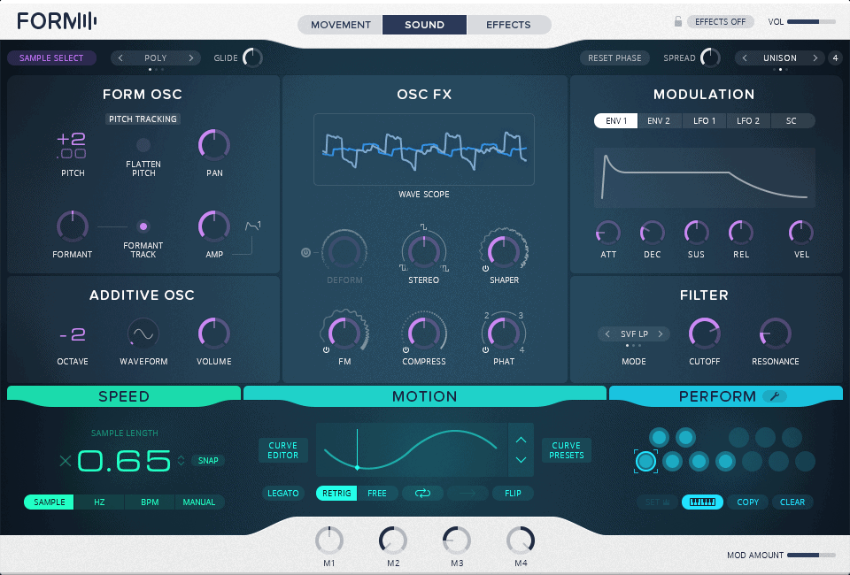 The sound page gives you more options, and reveals the instrument's hybrid synthesis - granular playback approach.