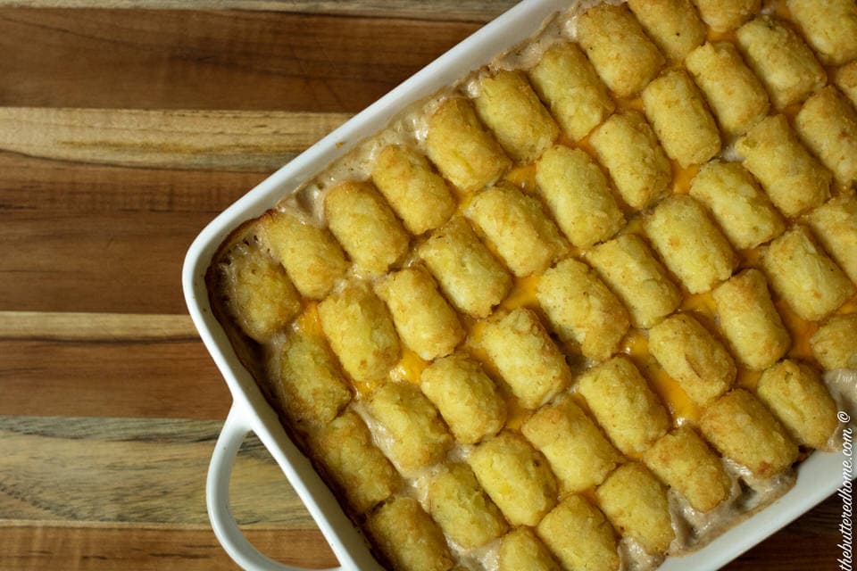 Tater tot casserole out of the oven