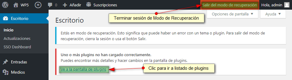 Dashboard de WordPress 5.2 en Modo de Recuperación