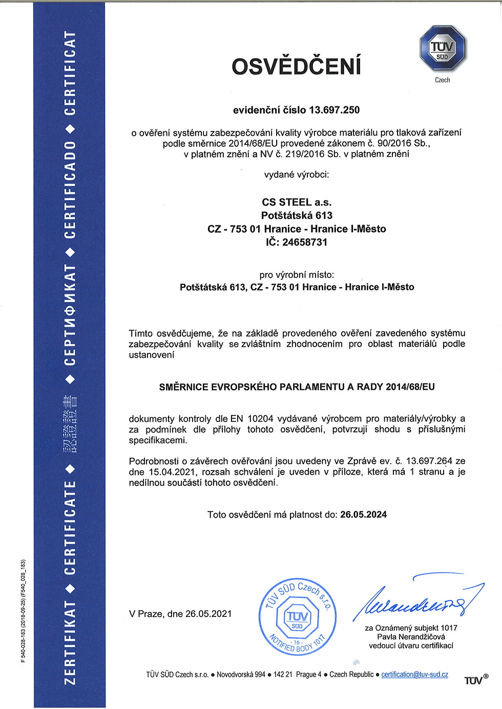Certifikát_CZ-1 Certifikát_CZ-1