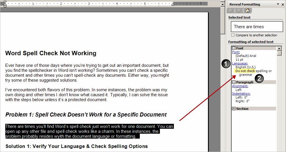 Reveal formatting pane showing paragraph marked as Do not check spelling.