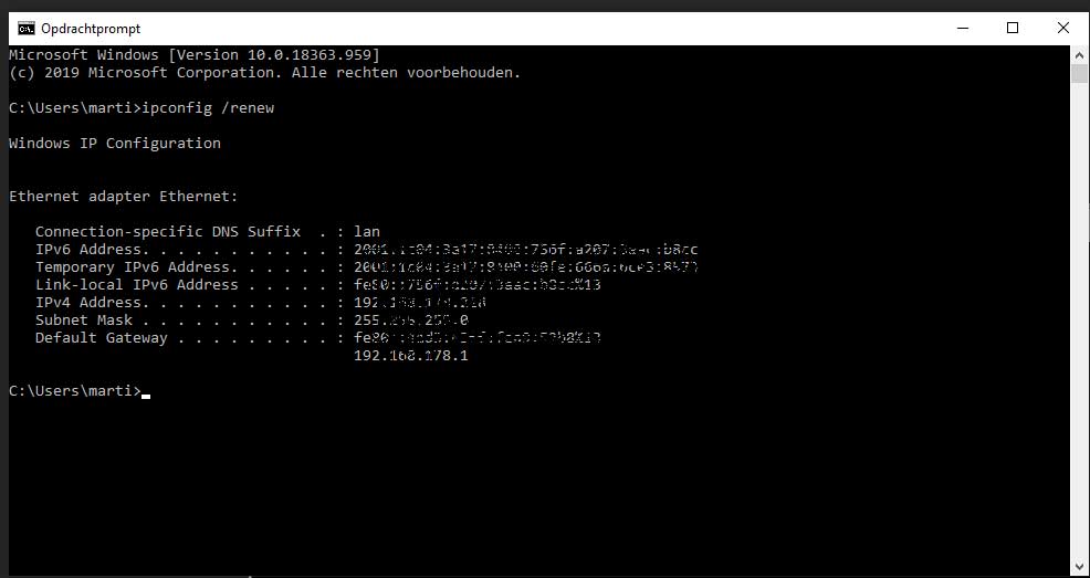 schermafbeelding Windows 10 handleiding: Ipconfig resultaat.