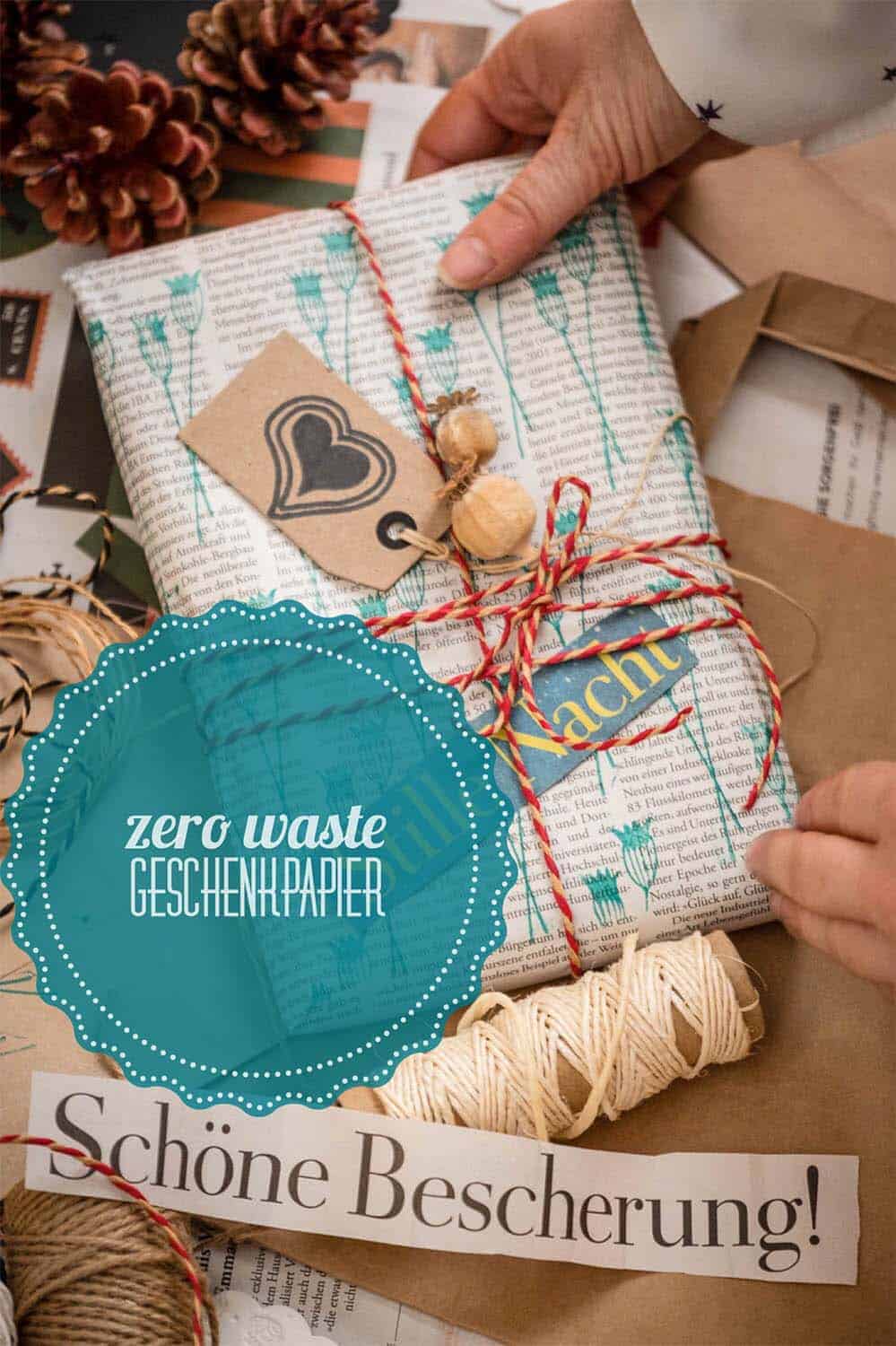 DIY Geschenkpapier selbst gestalten. Zero waste und kreativ. Mit hübschen Pflanzenstempeln und Zeitungspapier.
