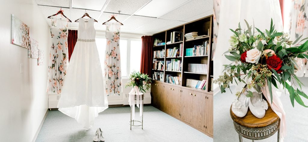 wedding dress with bridesmaids dress hanging from the ceiling