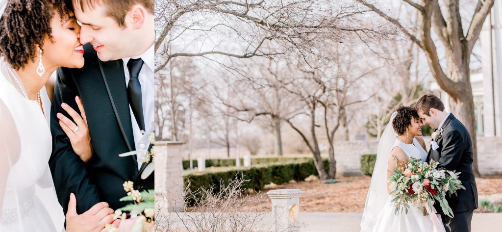 bride and groom hugging each other almost kissing, wedding couple touching their foreheads