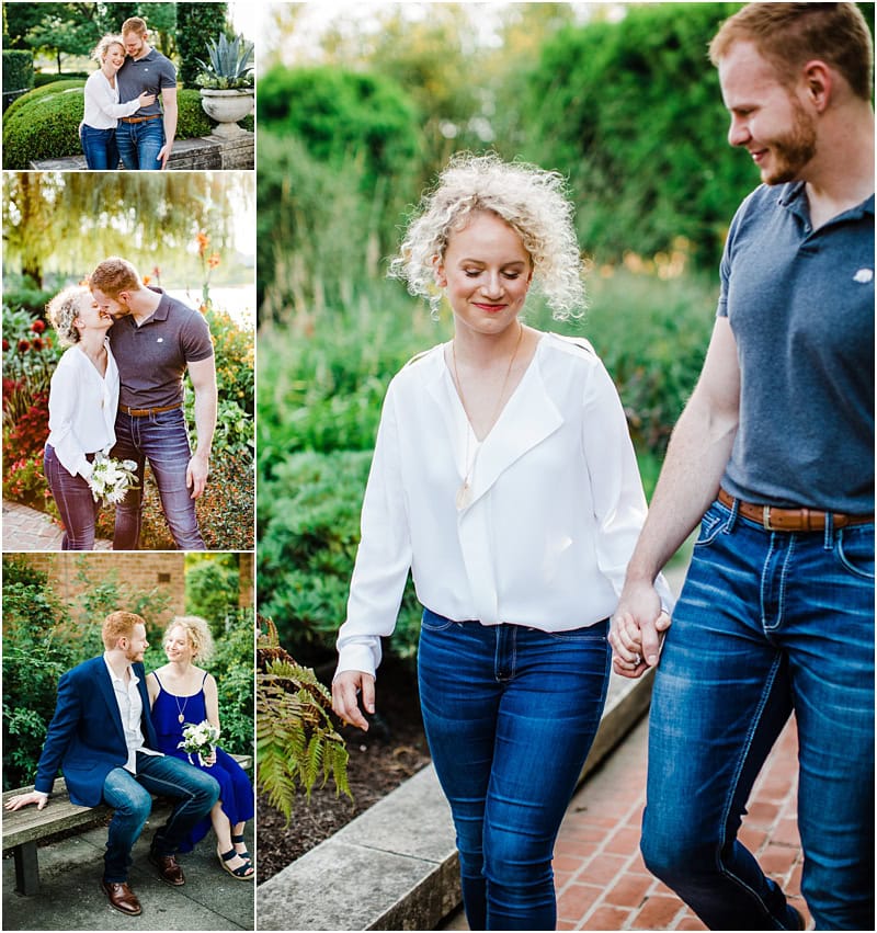 Chicago Botanic garden engagement session couple walking down the path and looking at each other