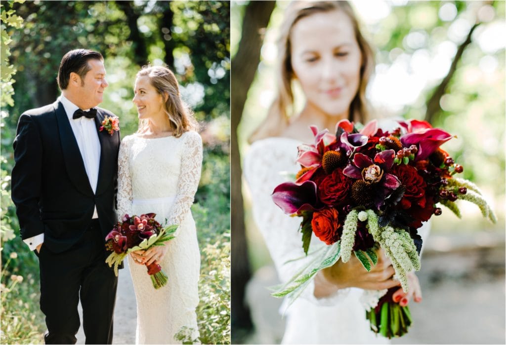 wedding photography in Chicago bride with flowers, wedding couple looking at each other
