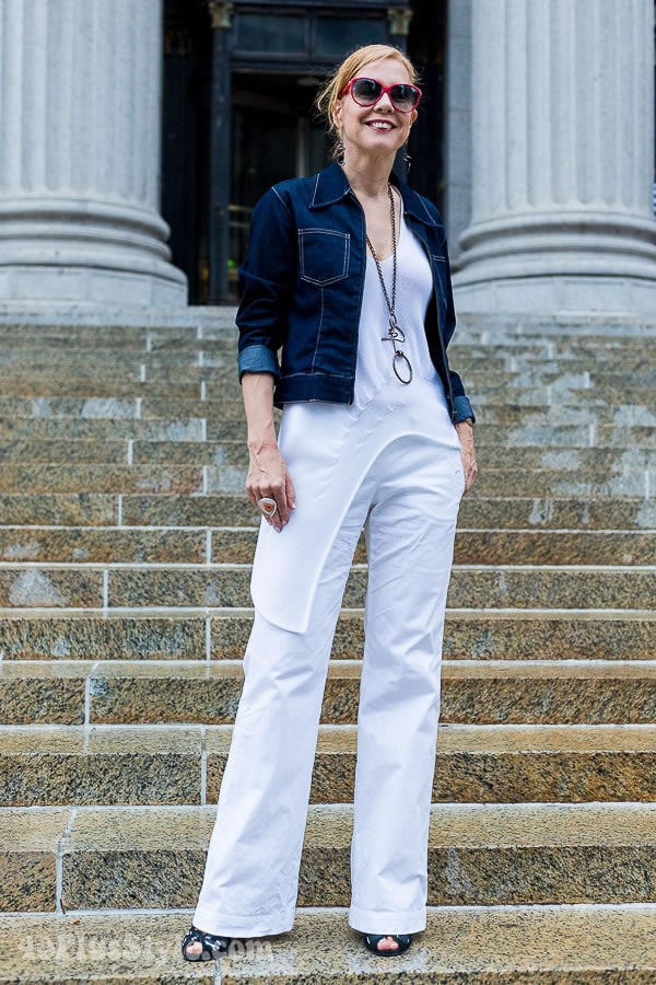 side white pants with jacket and asymmetrical top | 40plusstyle.com
