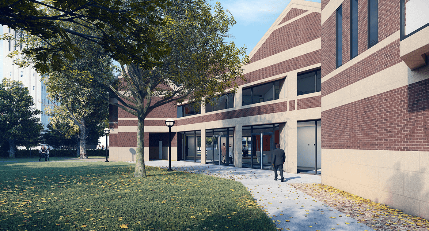 Rendering of the renovated Alumni Center's south entrance
