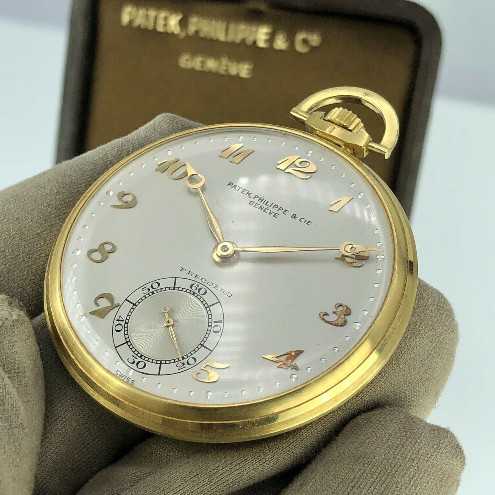 Vintage Patek Philippe Pocket Watch 18k Gold Retailed By Freccero Box vintage-patek-philippe-pocket-watch-18k-gold-retailed-by-freccero-box