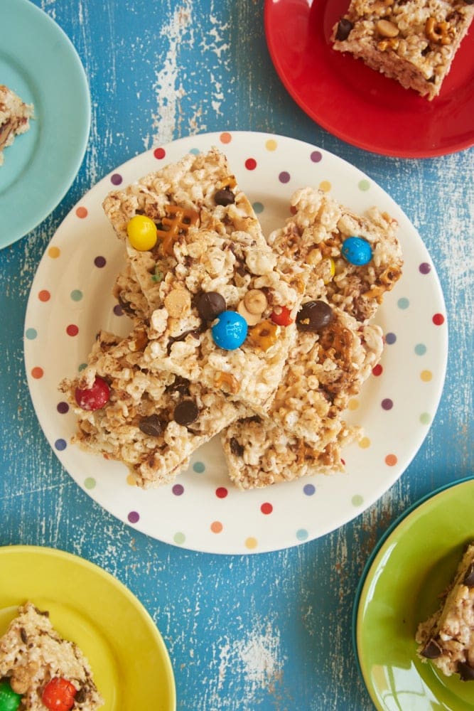 Kitchen Sink Crispy Treats stacked on a plate