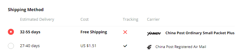 shipping options on aliexpress