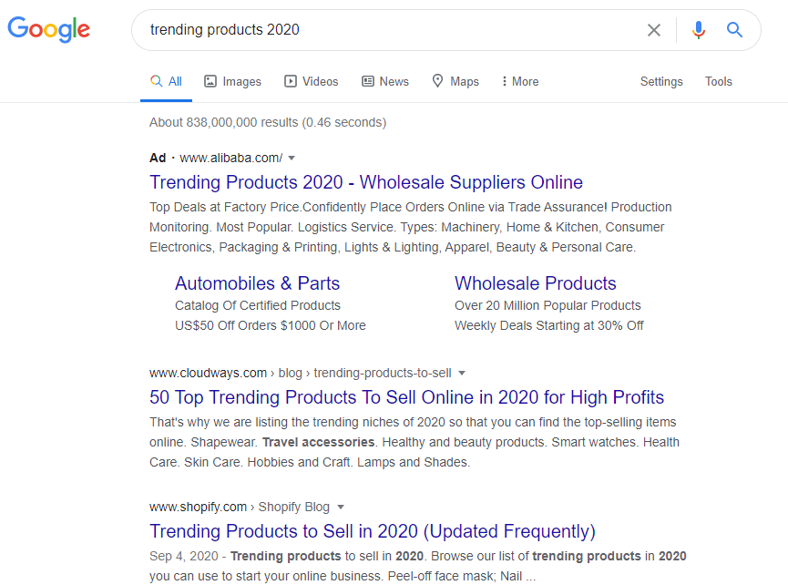 google search for trending products