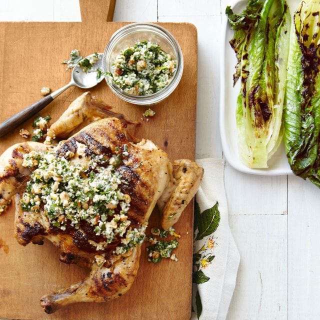 chicken and grilled romaine with parsley-lemon sauce