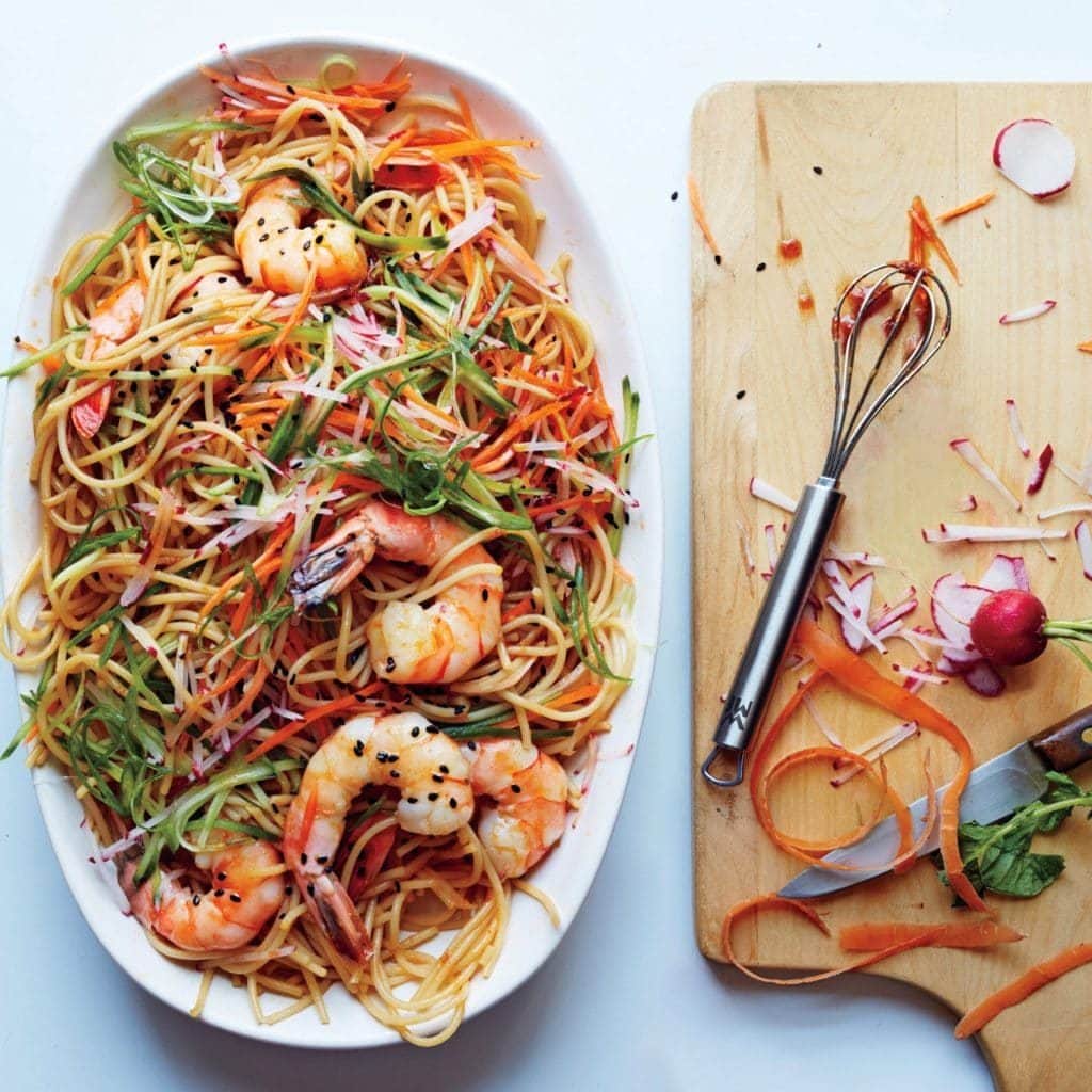 sesame shrimp with cucumber-soy salad