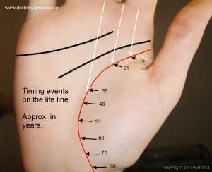timing on life line, life line timeline, timing events on the life line, palm reading lessons, master palmist Sari
