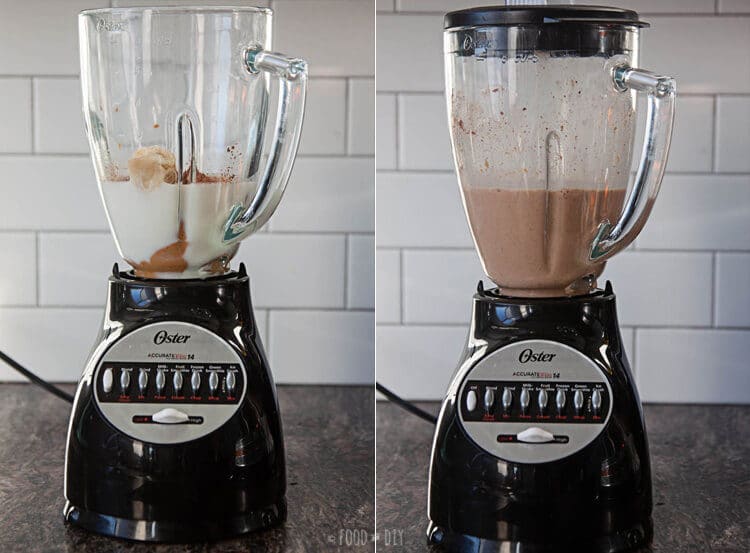 Blender with chocolate banana peanut butter smoothie ingredients