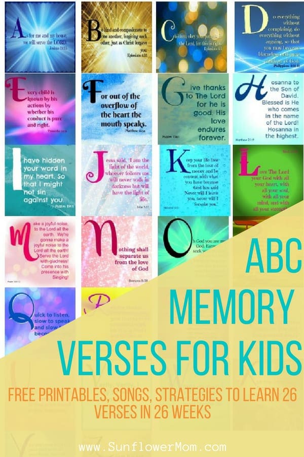 How to teach your kids bible verses. 26 ABC bible verses to memorize with your children. Includes free printables, links to 26 posts that break out each ABC bible verse with a YouTube video to enhance learning, free printable, background story. #Faith #Jesus #Christian #Christianity