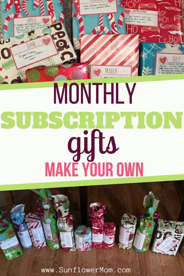 Surprise your loved one on Christmas with a monthly subscription gift that YOU create! Check out these ideas for a fabulous Christmas homemade gift. Your monthly subscription gifts are more personable and affordable than any subscription gifts you could buy. #holidays #christmas #homemade #sunflowermom