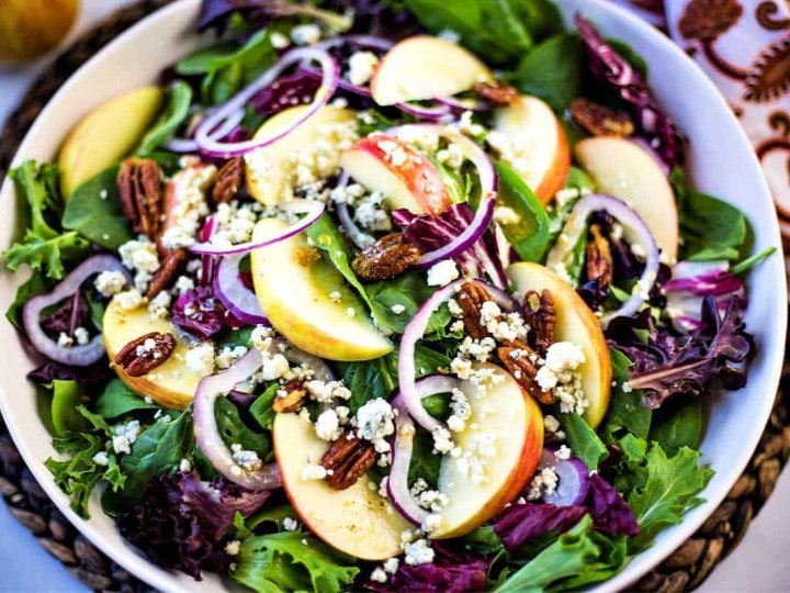 salad with apples, blue cheese, and candied pecans