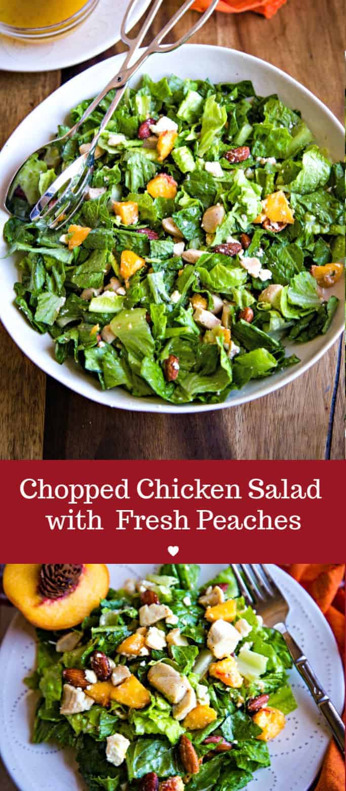 The BEST chopped chicken salad!! Add fresh peaches, Feta cheese, smoked almonds, and a sweet citrus vinaigrette for a perfect light and healthy dinner! #salad #choppedsalad #chicken #peaches