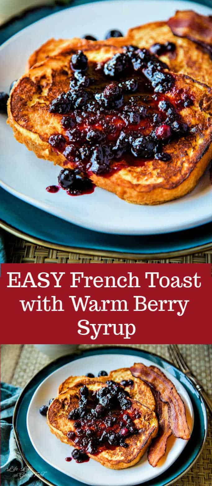 Easy French Toast is a classic breakfast recipe made by dipping thick slices of French bread (or an Italian brioche) into a vanilla-flavored egg custard and frying until toasty and crisp. Properly cooked, the bread remains soft and custardy on the inside. Drizzle this Easy French Toast with a simple homemade warm berry syrup and you have yourself a delicious breakfast treat! #frenchtoast #breakfast #brunch