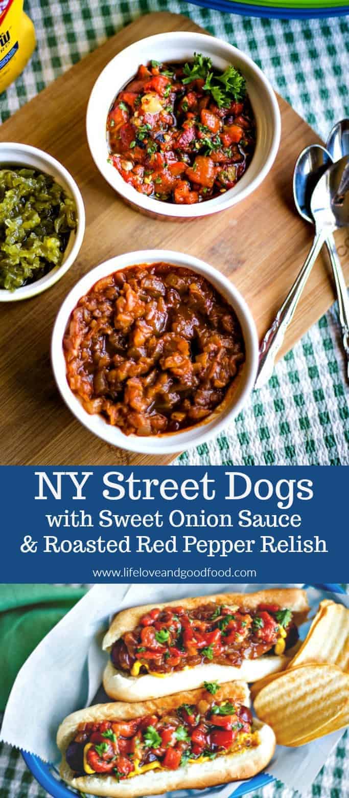 Who says hotdogs can't be gourmet? NY Street Dogs with Sweet Onion Sauce and Roasted Red Pepper Relish #hotdogs #picnic #grilling #relish
