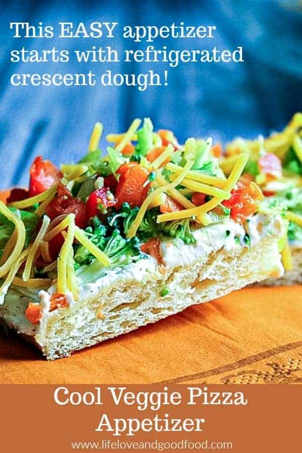 Cool Veggie Pizza Appetizer starts with a refrigerated crescent dough! #EASY #appetizer #RanchDressing #veggies #partyfood #coldappetizer